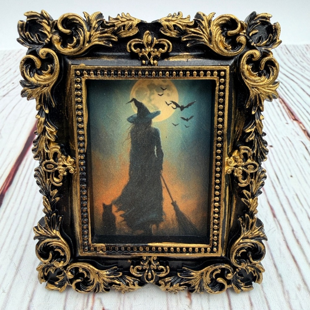 Miniature Gothic Witch Art Print Black Gold Ornate Baroque Resin Frame 4x3.25